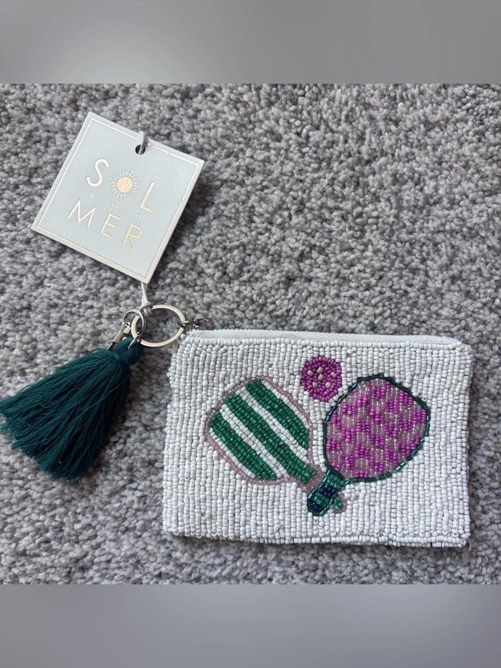 Sol & Mer White Beaded Pickleball Wallet with Green Tassel and Purple